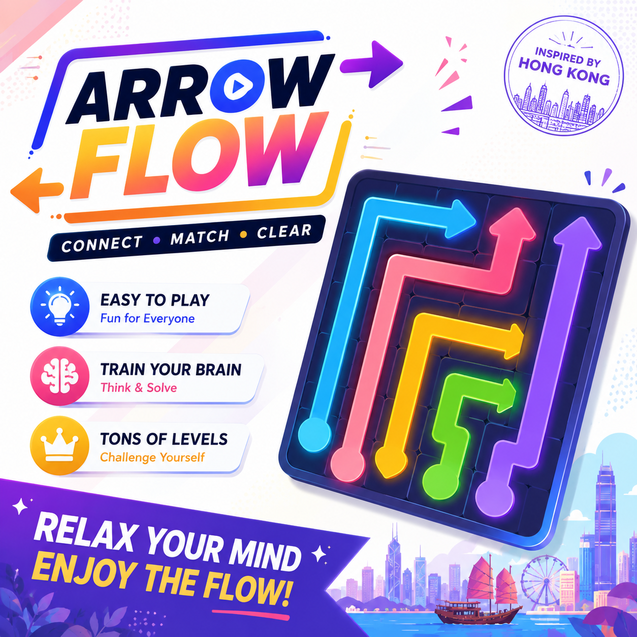 以彩色箭頭配對路線的香港主題遊戲 Arrow Flow